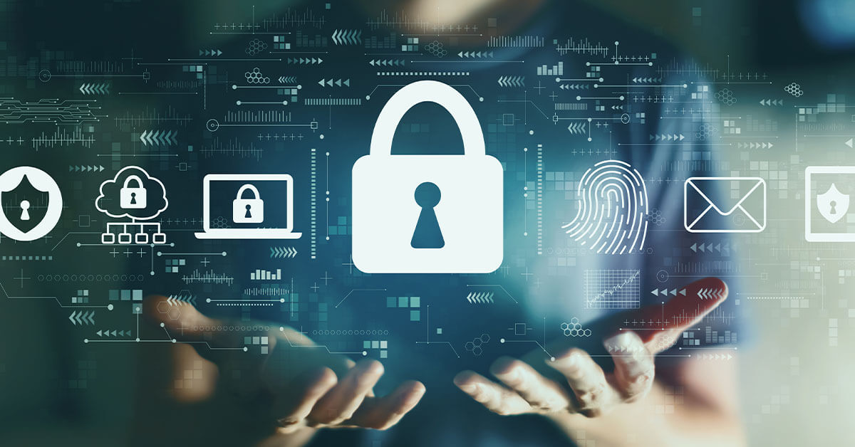 Digital security graphic with a large padlock, fingerprint, shield, locked devices and email icon
